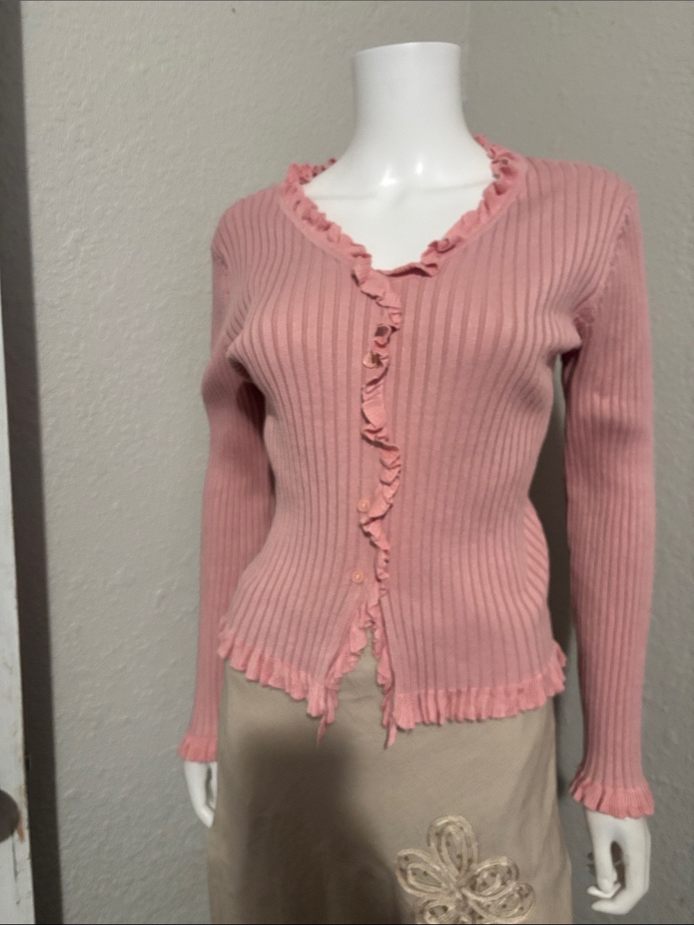 Carolyn Taylor Dusty Pink Ribbed Ruffle Cardigan